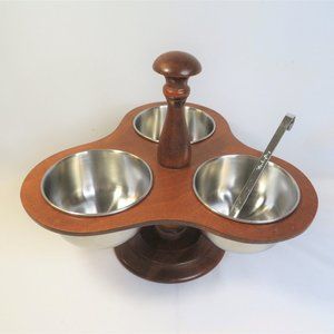 Vintage MCM WOODCROFTERY Heirloom Cherry 3-Bowl Condiment Server w/ Ladle